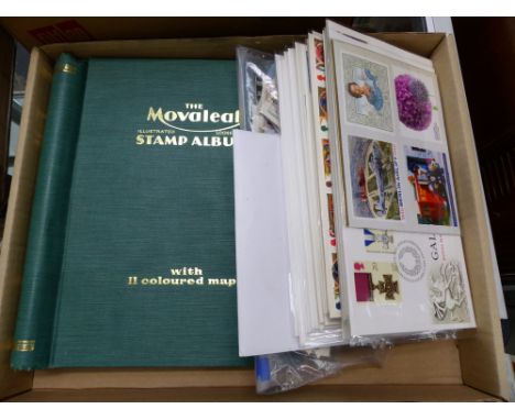 A QUANTITY OF FIRST DAY COVERS, A VINTAGE STAMP ALBUM AND LOOSE STAMPS. 