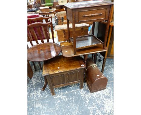 A VICTORIAN TRIPOD TABLE, TWO SEWING BOXES, A SEWING MACHINE, AND A SUTHERLAND TABLE. 