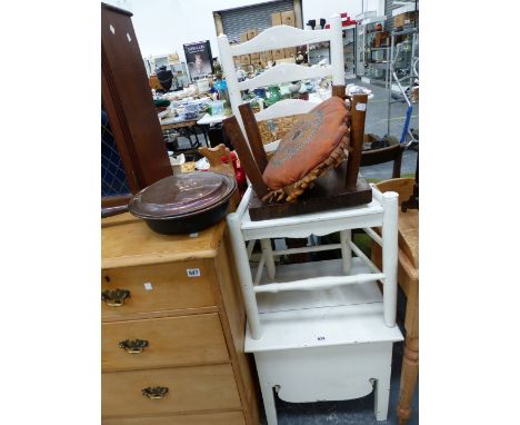 A COUNTRY SIDE CHAIR, A COMMODE STOOL, A WARMING PAN, ETC. 