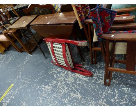 A 19TH C. SMALL MAHOGANY TABLE, A STICK STAND, AND VARIOUS OCCASIONAL FURNITURE. 