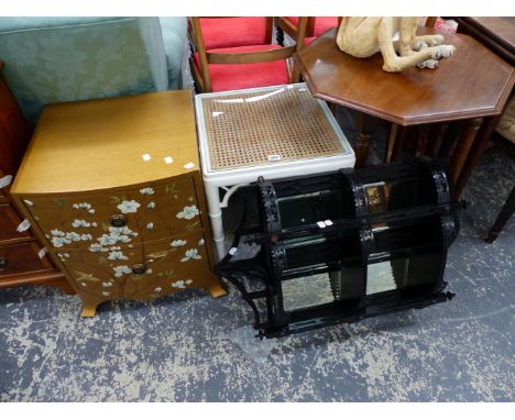 A PAINTED BEDSIDE CHEST, TWO OCCASIONAL TABLES AND A WALL SHELF. 