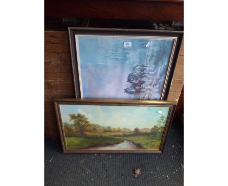 A Framed Oil Depicting Rural Scene and A Heavy Horse Print. 