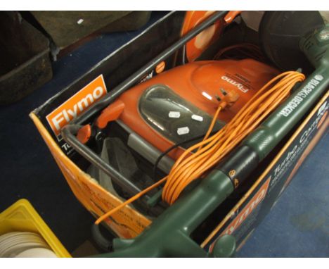 A Flymo Turbo Compact Electric Mower and a Black and Decker Strimmer. 