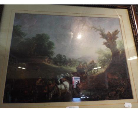 A Framed Print Horses and Cart Crossing Stream. 