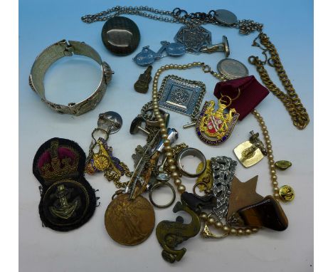 Assorted items including a WWI medal, Burma Star, a Masonic medal, rings, bangle, etc.