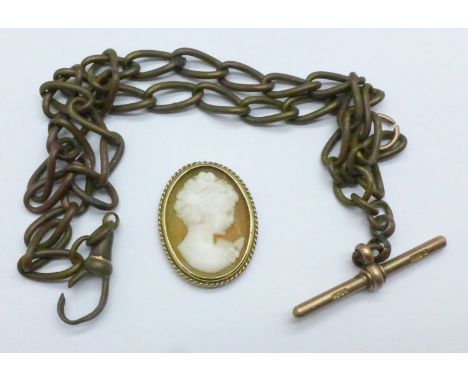 An Albert chain with a 9ct gold T-bar and a yellow metal mounted cameo, a/f