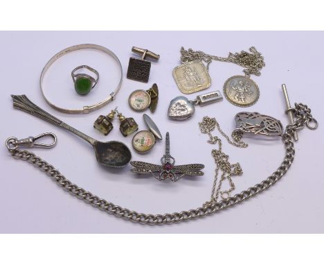 Silver items including a bangle, brooch, St. Christopher and a plated Albert chain