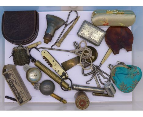 Assorted items including button hooks, bottle openers, spring scales, a penknife, etc.