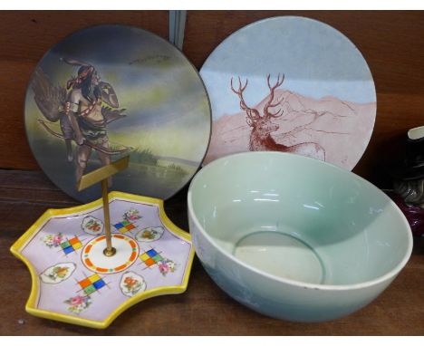 A Shelley bowl, a Wilkinson cake stand and two plaques, stag plaque signed E de F