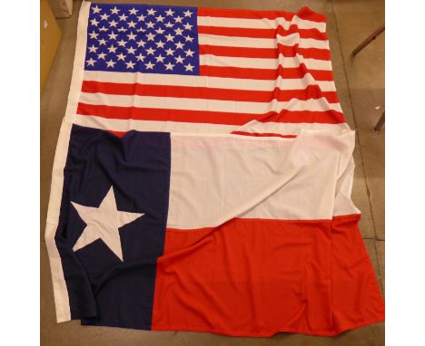 Two American flags, 145cm x 94cm and 162cm x 98cm, and military badges, and button polish, etc.