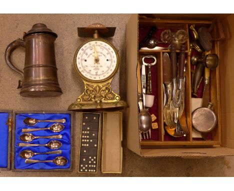 A pair of Salter No. 35 cast brass postal scales, possibly late 19th Century, a plated tankard, a flask, flatware, etc.