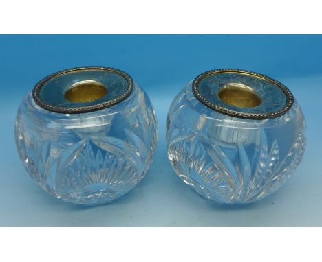 Two modern silver topped globular glass matchstick holders/candlestick holders