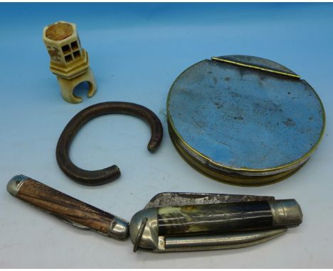 A circular plated brass fishing flies box with hinged lid, a horn handled pocket knife, a bangle, a Chinese carved deer horn 