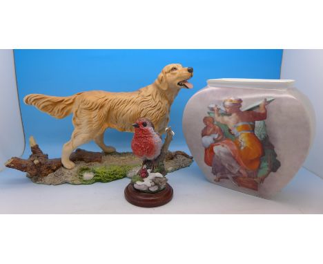 A Royal Doulton model of a golden retriever (matt finish) and a Royal Doulton robin and a Goebel Michelangelo vase