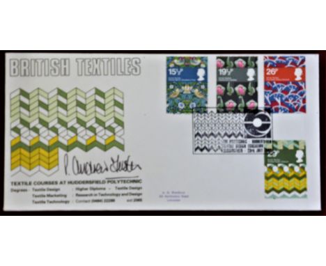GB FDCs 1982 British Textiles set on Huddersfield Polytechnic FDC with special H/S. Signed cover (Bradbury)