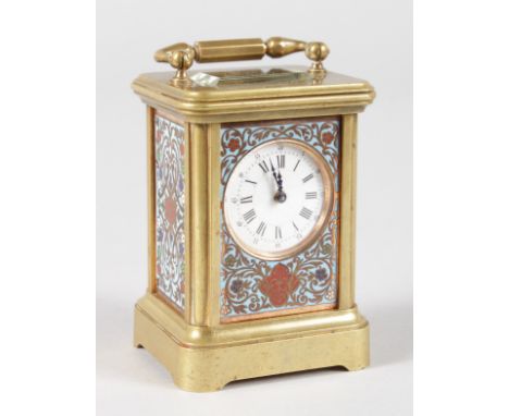 A MINIATURE FRENCH BRASS AND CLOISSONE ENAMEL CARRIAGE CLOCK. 2.75ins high.