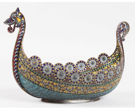 A NORWEGIAN SILVER AND ENAMEL "DRAGESTIL" VIKING LONG BOAT by MARIUS HAMMER, CIRCA. 1900, decorated with bands of ornaments, 