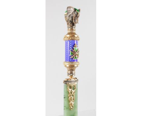 A SUPERB RUSSIAN FABERGE JADE PAPERKNIFE, with blue enamel, gold and diamond mounts. 10ins long.