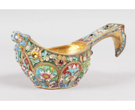 A SMALL RUSSIAN "FABERGE" SILVER GILT AND ENAMEL KOVSH, Mark 1873. 5.25ins long.