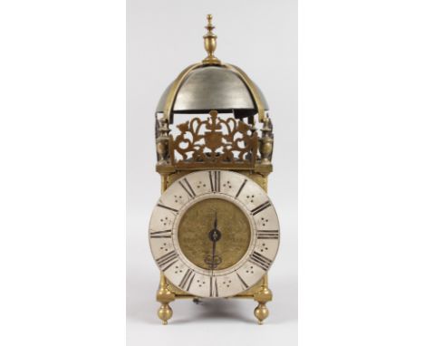 A BRASS LANTERN CLOCK by GILES LUMBARD, ILMINSTER. 14ins high.