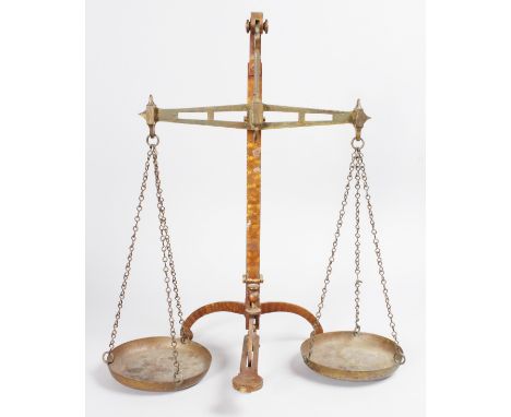 A LARGE SET OF BRASS BALANCE SCALES by DEGRAVE & CO., London. 22ins high.