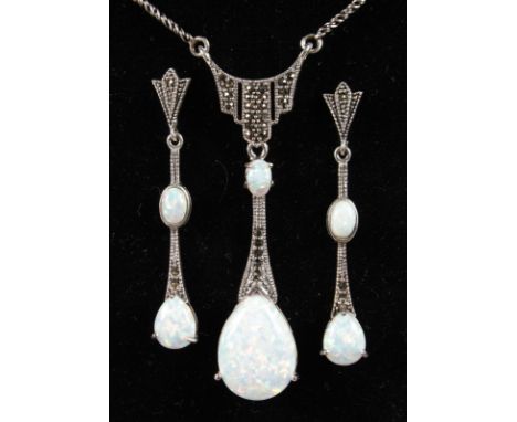 A SILVER, MARCASITE AND GILSON OPAL NECKLACE AND EARRINGS.