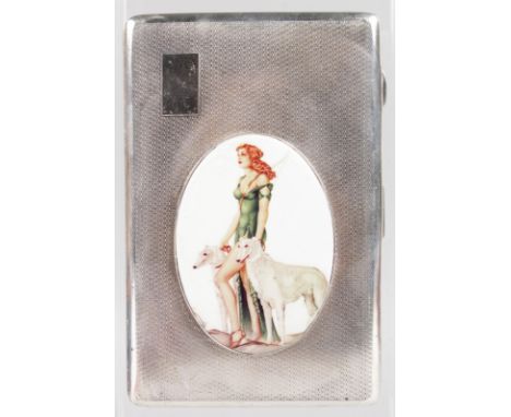 A LARGE GEORGE VI ENGINE TURNED CIGARETTE CASE with an oval of a young lady and two Borzoi dogs. Birmingham 1941.