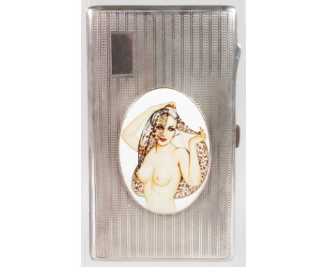 A LARGE GEORGE V ENGINE TURNED CIGARETTE CASE with an oval panel of a nude. Birmingham 1919.