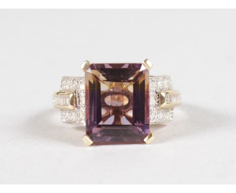 A GOOD 14CT YELLOW GOLD, AMETHYST AND DIAMOND RING.