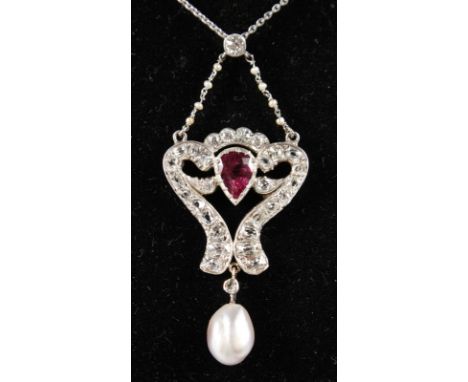 A SUPERB DIAMOND, RUBY AND NATURAL PEARL PENDANT in white gold, on a fine gold chain. With certificate.