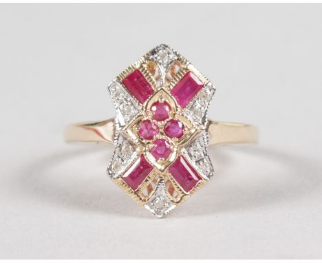 AN ART DECO DESIGN 9CT YELLOW GOLD, RUBY AND DIAMOND SET RING.