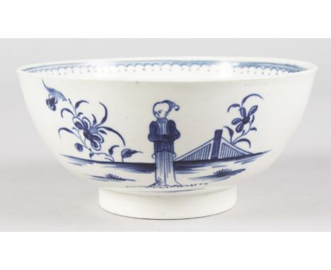 AN 18TH CENTURY WORCESTER BOWL finely painted in underglaze blue with the Waiting Chinaman. 6ins diameter.