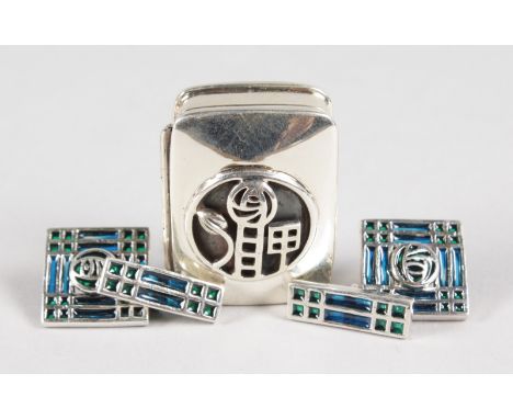 A PAIR OF SILVER AND ENAMEL CELTIC CUFFLINKS AND PILL BOX.