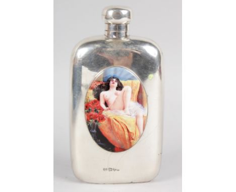 AN EDWARD VII SILVER SPIRIT FLASK with an oval of a classical nude. Chester 1904.