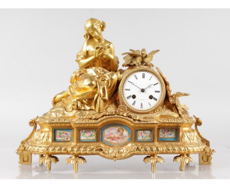A GOOD 19TH CENTURY FRENCH LOUIS XVI DESIGN MANTLE CLOCK, Retailed by J. EDMOND, in a gilt metal case with painted SEVRES pan