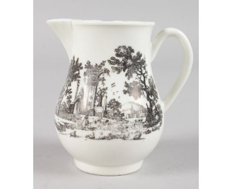 AN 18TH CENTURY WORCESTER SPARROW BEAK JUG, each side with a rare classical ruin, printed by Robert Hancock, damaged but disp