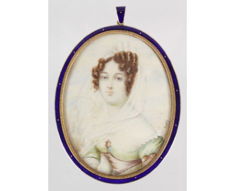 F. SABEY Oval portrait of a young lady. Signed.  3ins x 2.5ins, in a blue enamel frame.