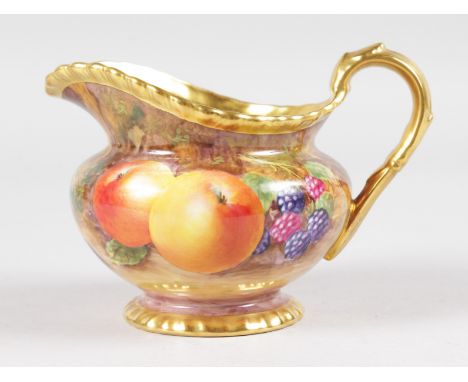 A ROYAL WORCESTER FRUIT PAINTED GADROON BORDERED CREAM JUG, signed by M. Tandy, black mark.