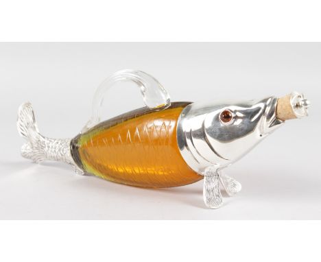 A SILVER PLATED FISH DECANTER.