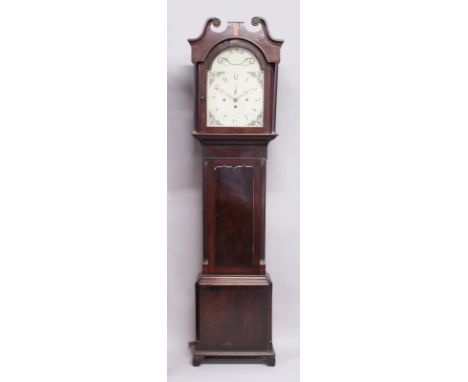 AN 18TH CENTURY MAHOGANY LONGCASE CLOCK, with eight-day movement striking on five bells, the painted arch shape face signed N