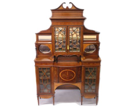 A SUPERB MAHOGANY AND MARQUETRY INLAID CABINET by EDWARDS & ROBERTS, with swan neck pediment, dentil moulded cornice over a p