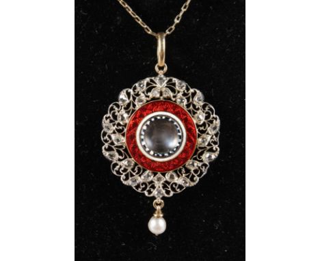 A SUPERB EDWARDIAN DIAMOND SET PIERCED PENDANT AND CHAIN, with enamel decoration and a pearl drop.