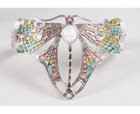 A SILVER PLIQUE, OPAL AND RUBY DRAGONFLY BRACELET.