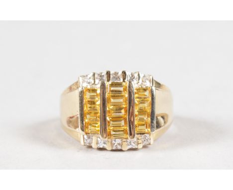 A 14CT YELLOW GOLD, CITRINE AND DIAMOND RING.