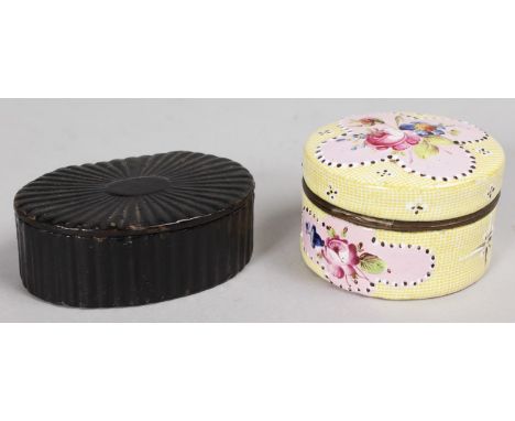 A PAPIER MACHE SNUFF BOX and A CIRCULAR ENAMEL BOX (2).