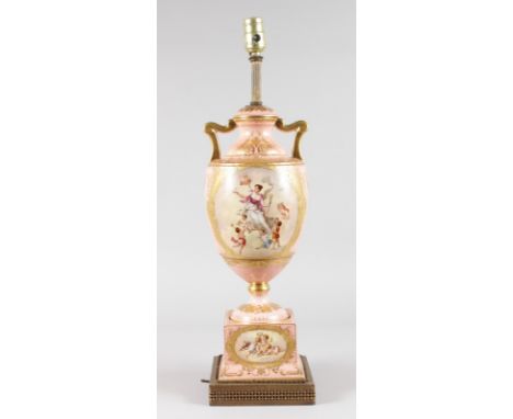 A SEVRES STYLE PORCELAIN PINK TWO HANDLED VASE painted with classical scenes, converted to a lamp. 19ins high.