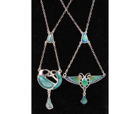 TWO SILVER AND ENAMEL ART DECO DESIGN NECKLACES.