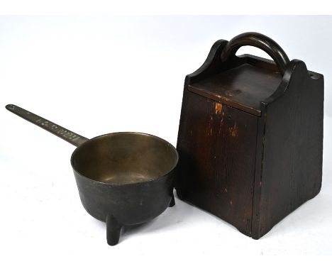 A Georgian bronze posnet (hearth pan with feet), handle inscribed R: Rice...', to/w a Scandinavian flour box, with slide lid 