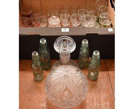 A German ruby flash beaker, cut with the Rathhaus, Bremen, to/w a cut glass lamp with globular shade, four Welsh/Scottish cod
