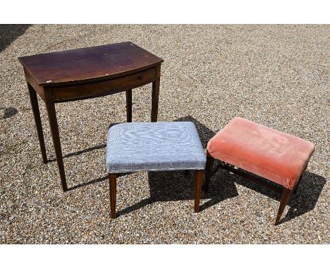 Victorian mahogany bow-front two drawer side table to/with a light blue upholstered stool and pink upholstered stool (3)